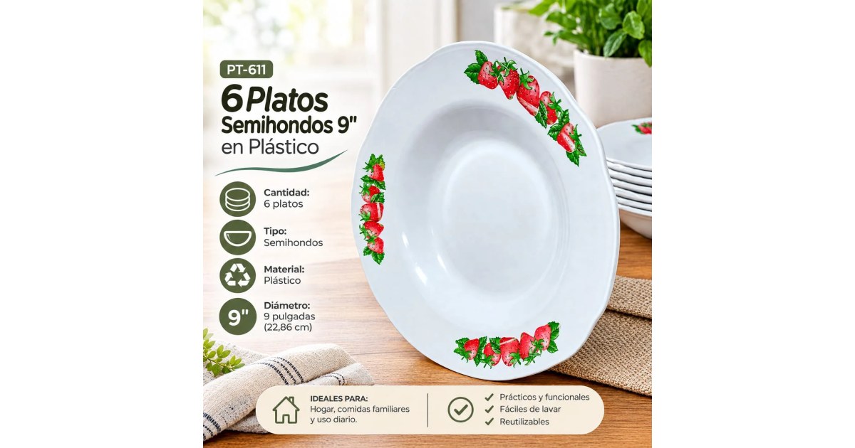 6 Platos Semi Hondos 9" - Plástico
